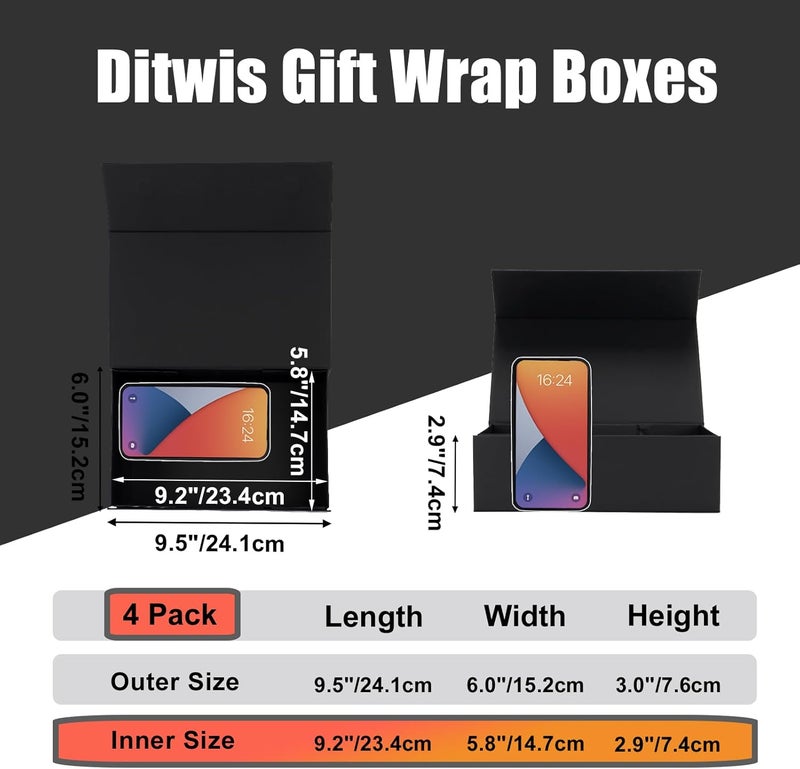 Ditwis 4 Pack 9.5x6x3 Inches Gift Boxes with Magnetic Closure Lids, Black Magnetic Box with Ribbon for Wedding, Groomsmen Bridesmaid Proposal, Birthdays, Mother's Day - Image 2